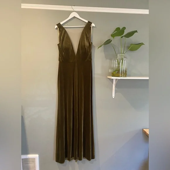 Jenny Yoo Logan Deep-V Velvet Column Gown Sage Green Bridesmaid or Formal Event - Picture 4 of 8